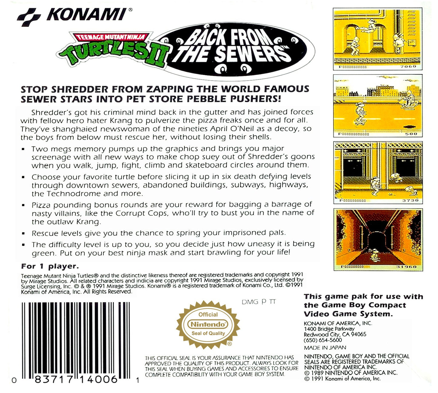 Teenage Mutant Ninja Turtles II Back from the Sewers GameBoy