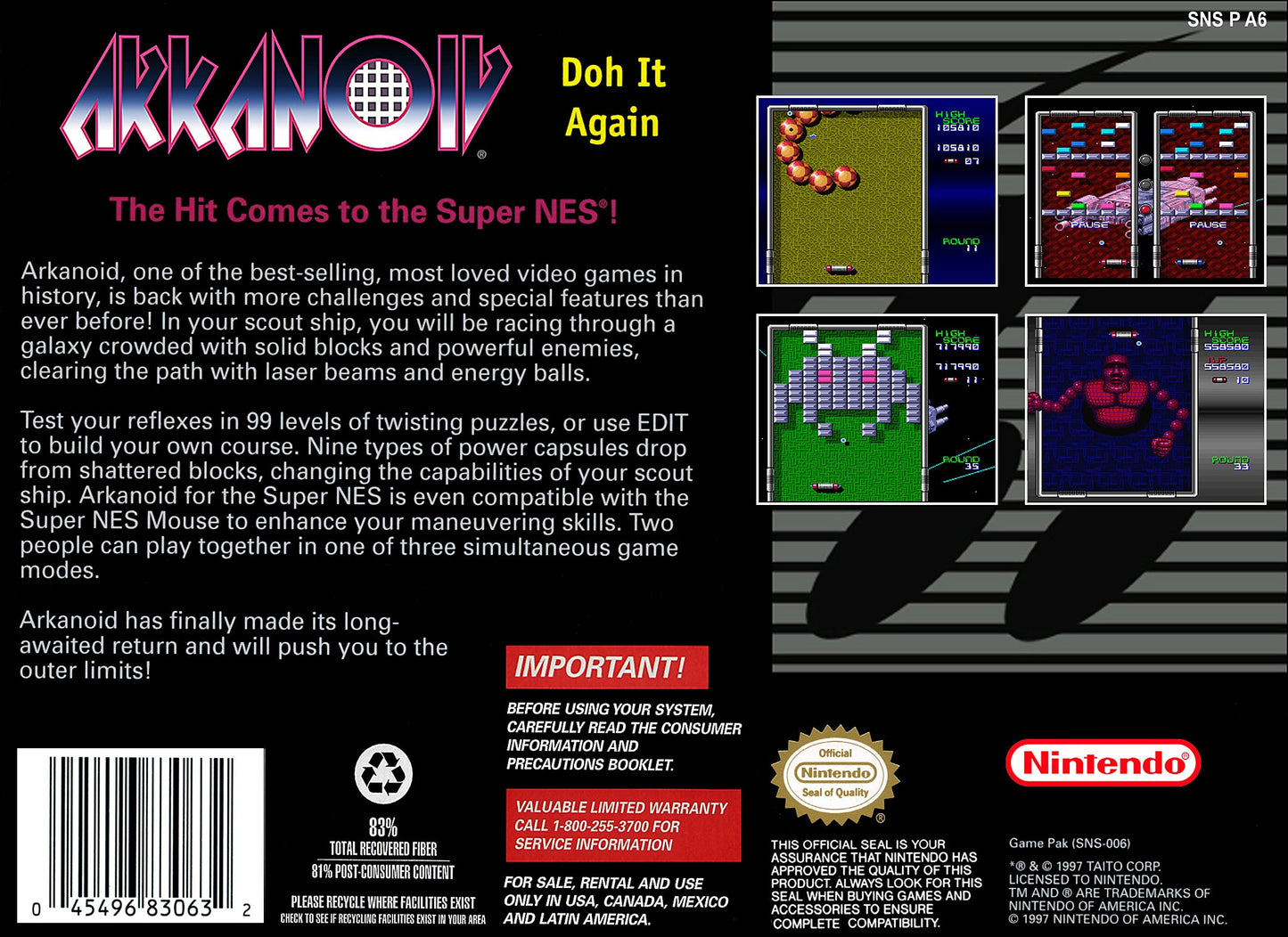 Arkanoid Doh It Again Super Nintendo